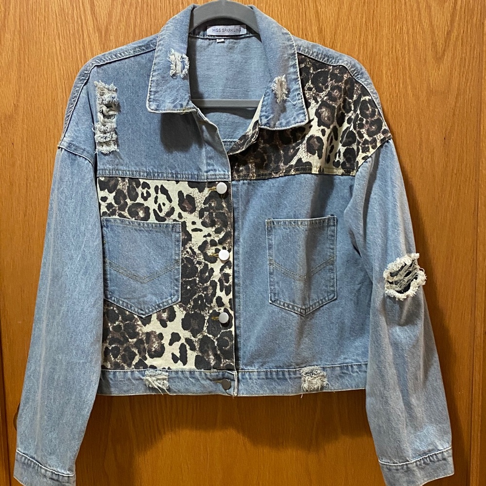 Miss Sparkling Blue Denim Jacket with Leopard Print